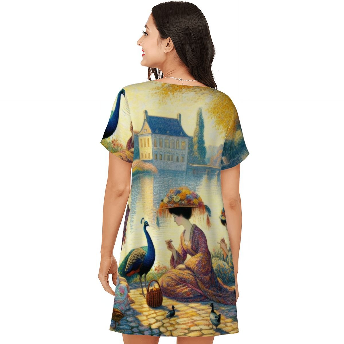 Ladies with Flower Hats and a Peacock Loose Short - Sleeve Nightgown - Gregg Acini Adoree Designs - Women's Pajamas