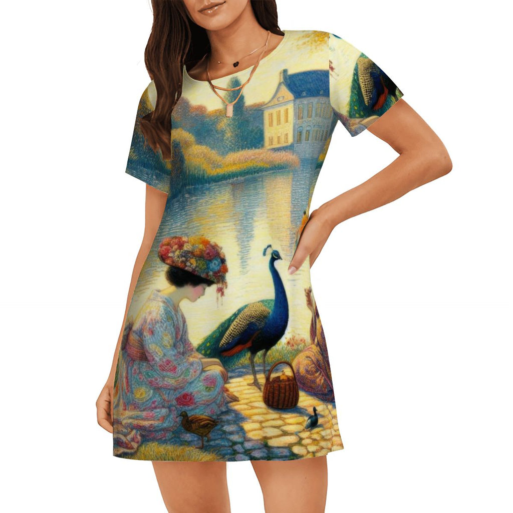 Ladies with Flower Hats and a Peacock Loose Short - Sleeve Nightgown - Gregg Acini Adoree Designs - Women's Pajamas