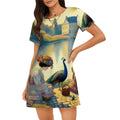 Ladies with Flower Hats and a Peacock Loose Short - Sleeve Nightgown - Gregg Acini Adoree Designs - Women's Pajamas