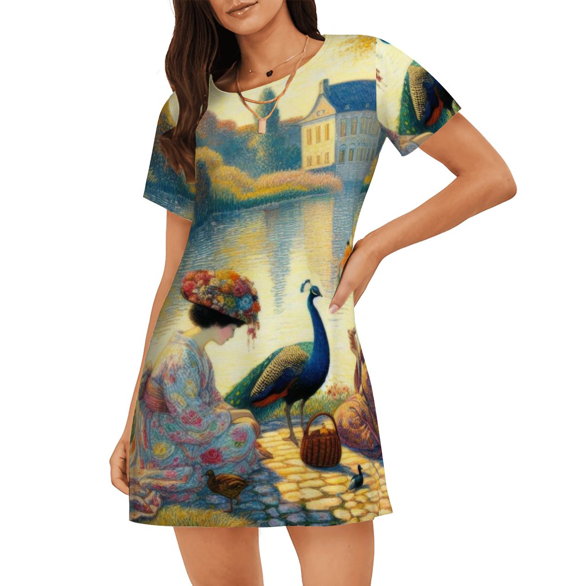 Ladies with Flower Hats and a Peacock Loose Short - Sleeve Nightgown - Gregg Acini Adoree Designs - Women's Pajamas