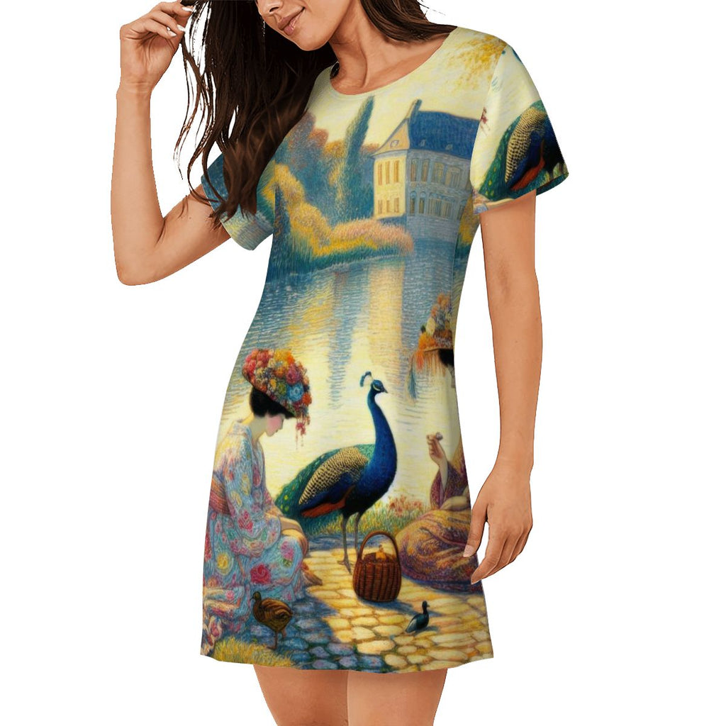 Ladies with Flower Hats and a Peacock Loose Short - Sleeve Nightgown - Gregg Acini Adoree Designs - Women's Pajamas