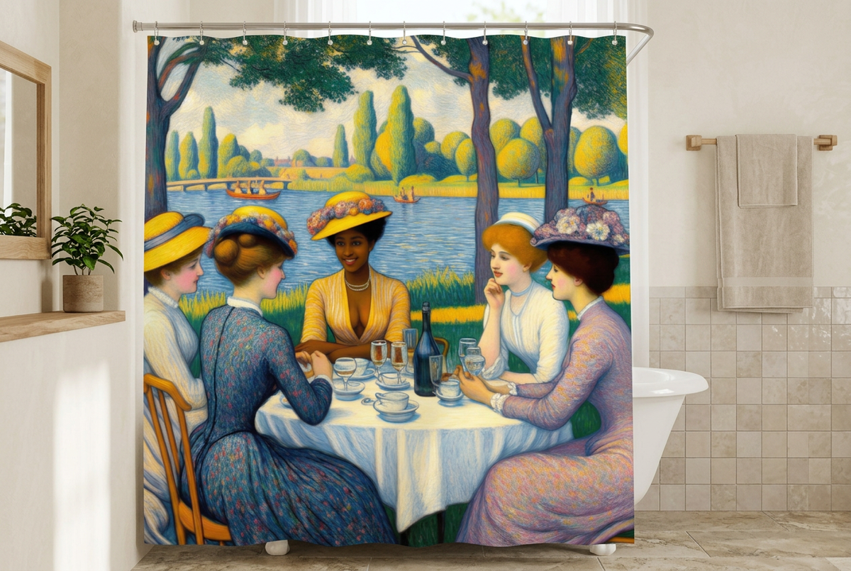 Ladies with the Yellow Hats shower curtain lifestyle image