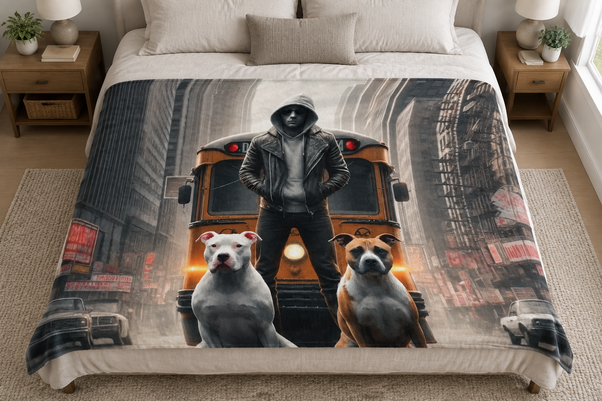 Loyalty pit bull blanket on a large bed