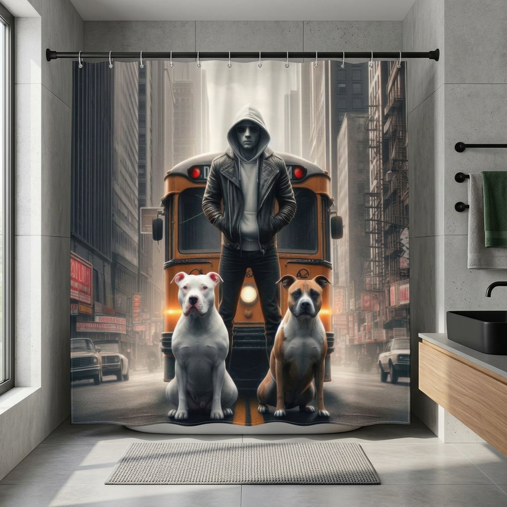 Loyalty shower curtain in a modern urban bathroom