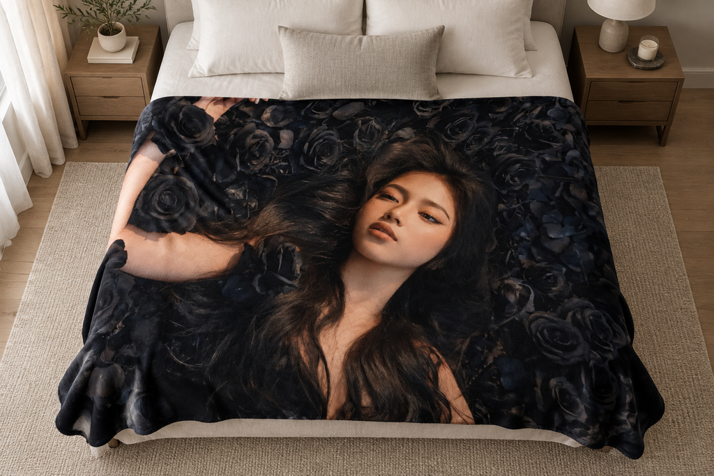 Midnight Rose Muse blanket on a bed