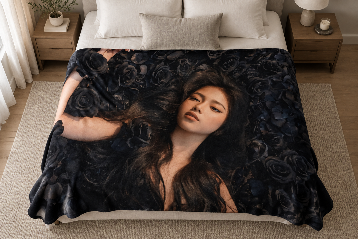 Midnight Rose Muse blanket on a bed