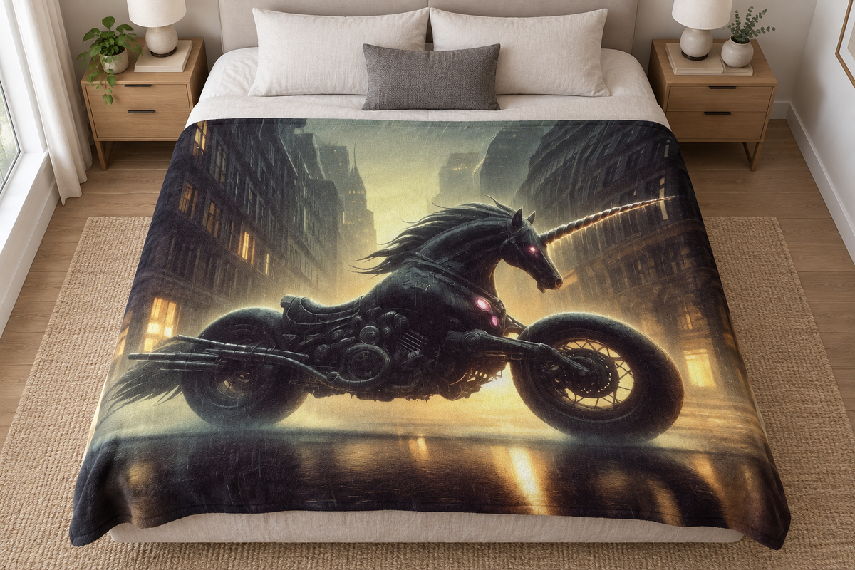 Motorcycle Unicorn blanket on a large bed