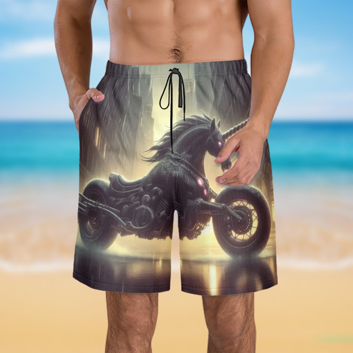Motorcycle Unicorn Men's Beach Shorts - Gregg Acini Adoree Designs - Swimsuit