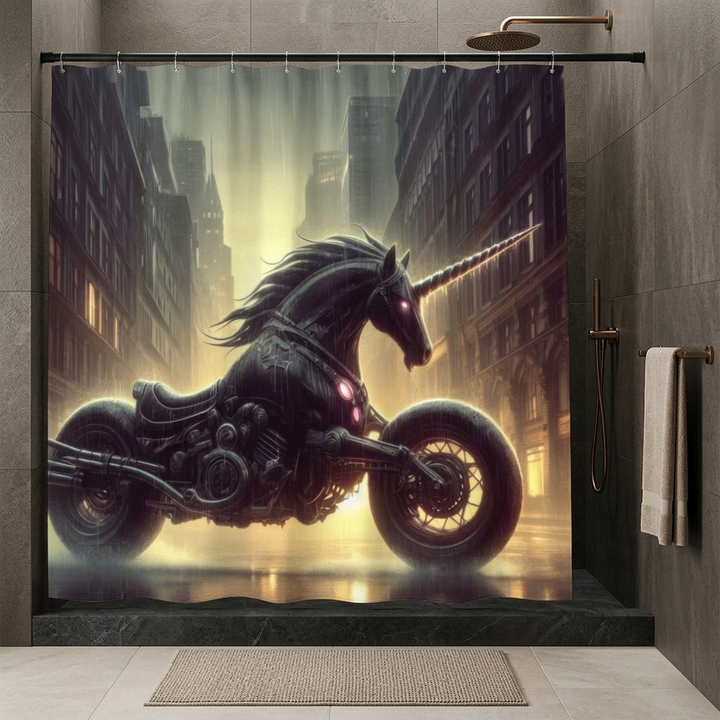 Motorcycle Unicorn shower curtain in a charcoal bathroom