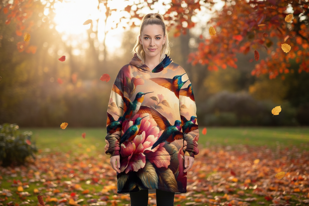 Multicolor Hummingbirds Blanket Hoodie Lifestyle