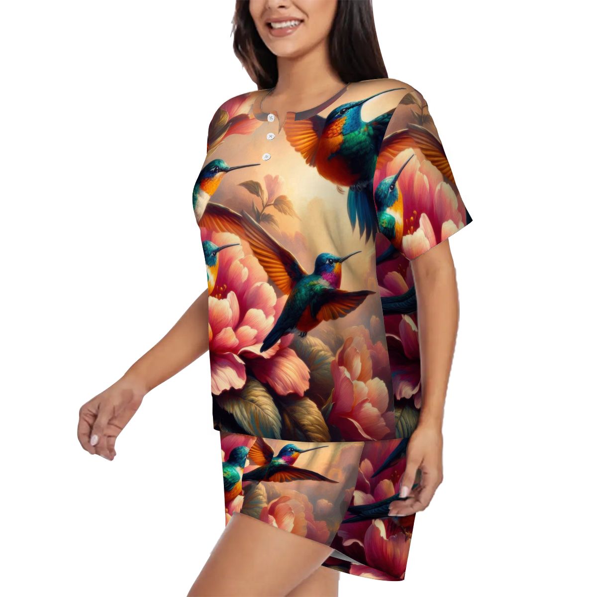 Multicolor Hummingbirds Pajama Set for Women Crew Neck Short Sleeve - Gregg Acini Adoree Designs - Women's Pajamas