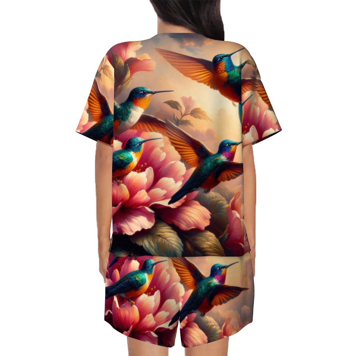 Multicolor Hummingbirds Pajama Set for Women Crew Neck Short Sleeve - Gregg Acini Adoree Designs - Women's Pajamas