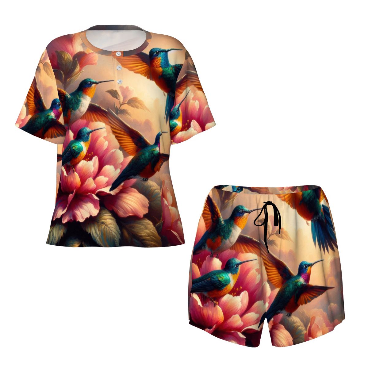 Multicolor Hummingbirds Pajama Set for Women Crew Neck Short Sleeve - Gregg Acini Adoree Designs - Women's Pajamas