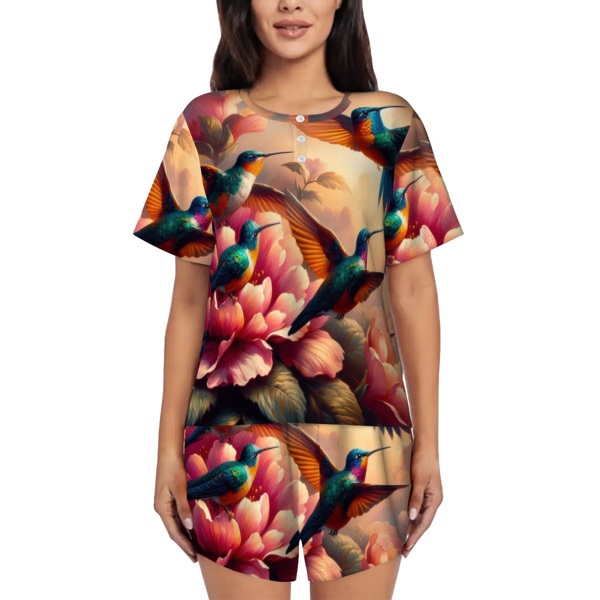 Multicolor Hummingbirds Pajama Set for Women Crew Neck Short Sleeve - Gregg Acini Adoree Designs - Women's Pajamas