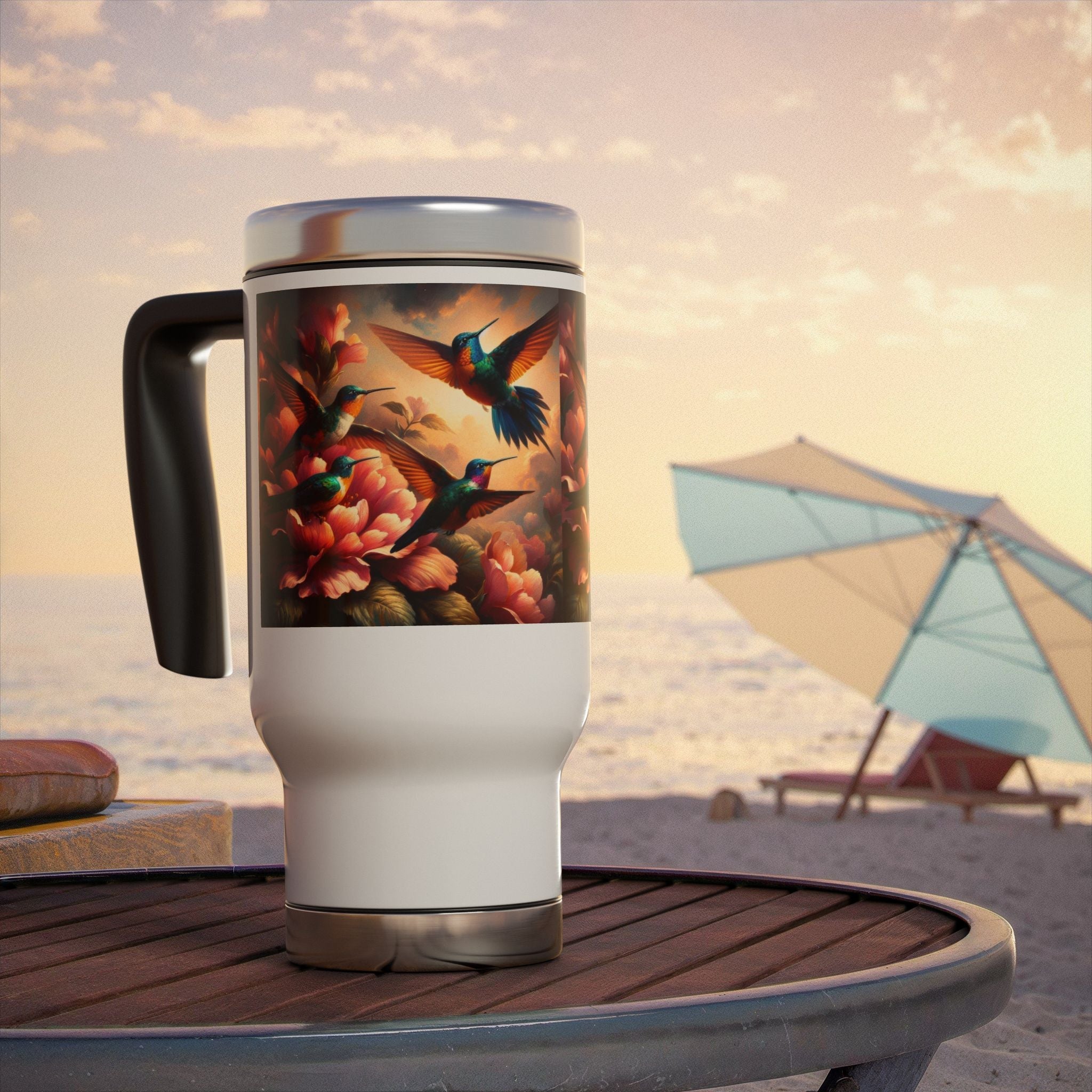 Multicolor Hummingbirds Stainless Steel Travel Mug - 14oz Handle Design - Gregg Acini Adoree Designs - Mug