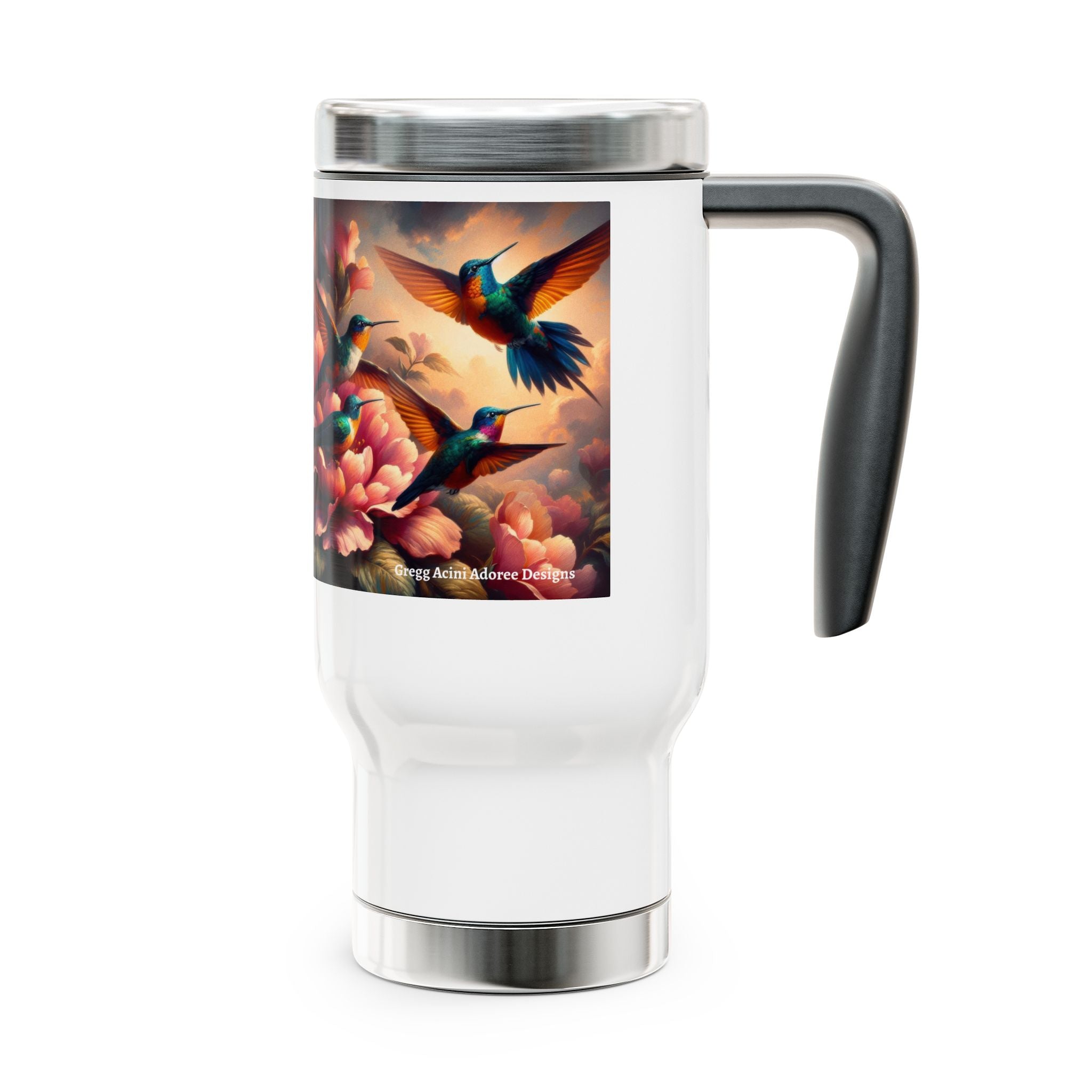 Multicolor Hummingbirds Stainless Steel Travel Mug - 14oz Handle Design - Gregg Acini Adoree Designs - Mug