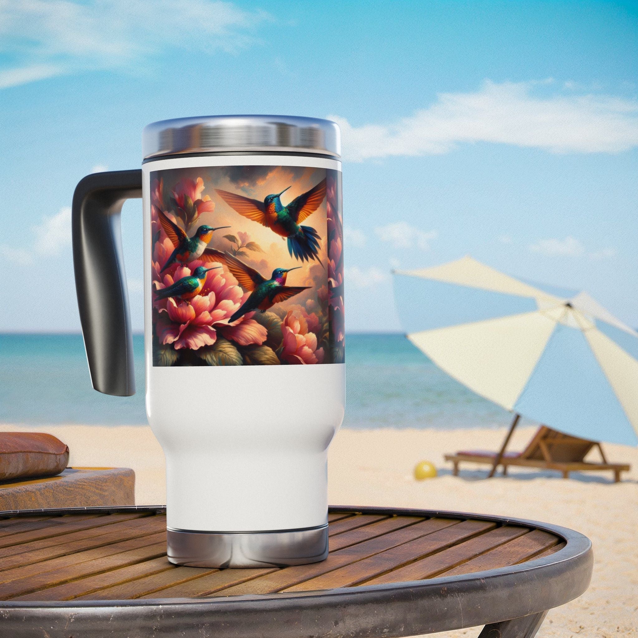 Multicolor Hummingbirds Stainless Steel Travel Mug - 14oz Handle Design - Gregg Acini Adoree Designs - Mug