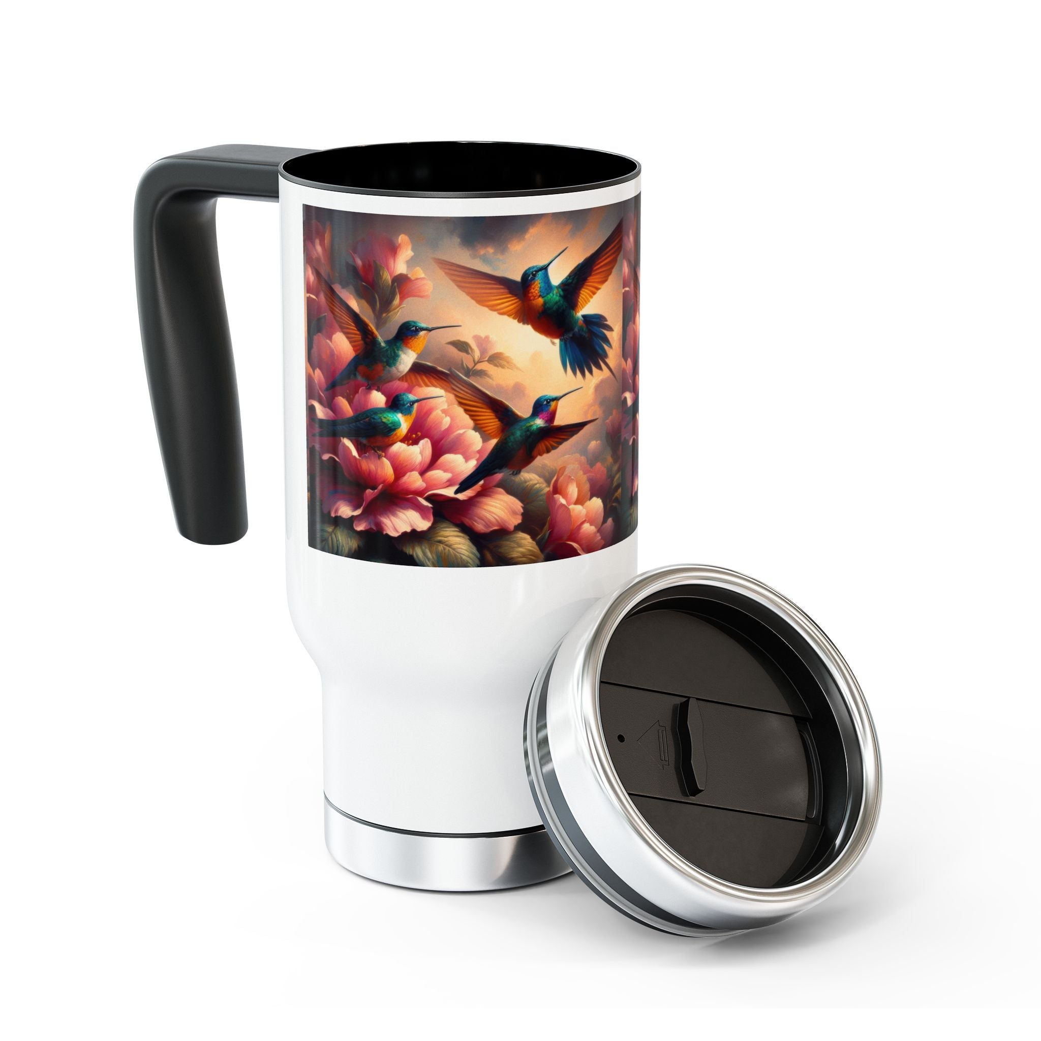 Multicolor Hummingbirds Stainless Steel Travel Mug - 14oz Handle Design - Gregg Acini Adoree Designs - Mug