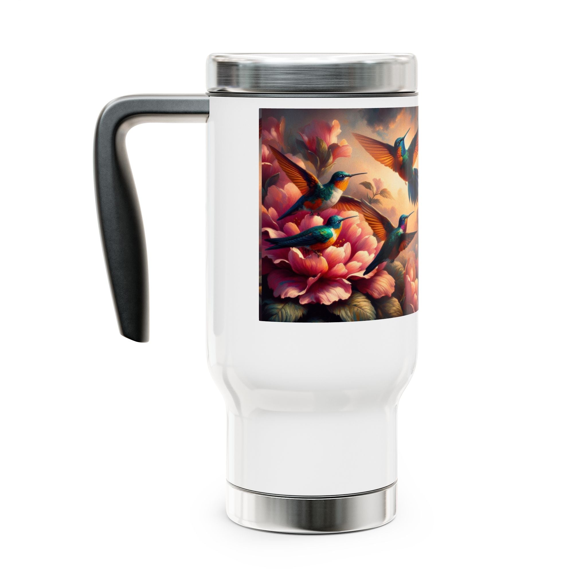 Multicolor Hummingbirds Stainless Steel Travel Mug - 14oz Handle Design - Gregg Acini Adoree Designs - Mug