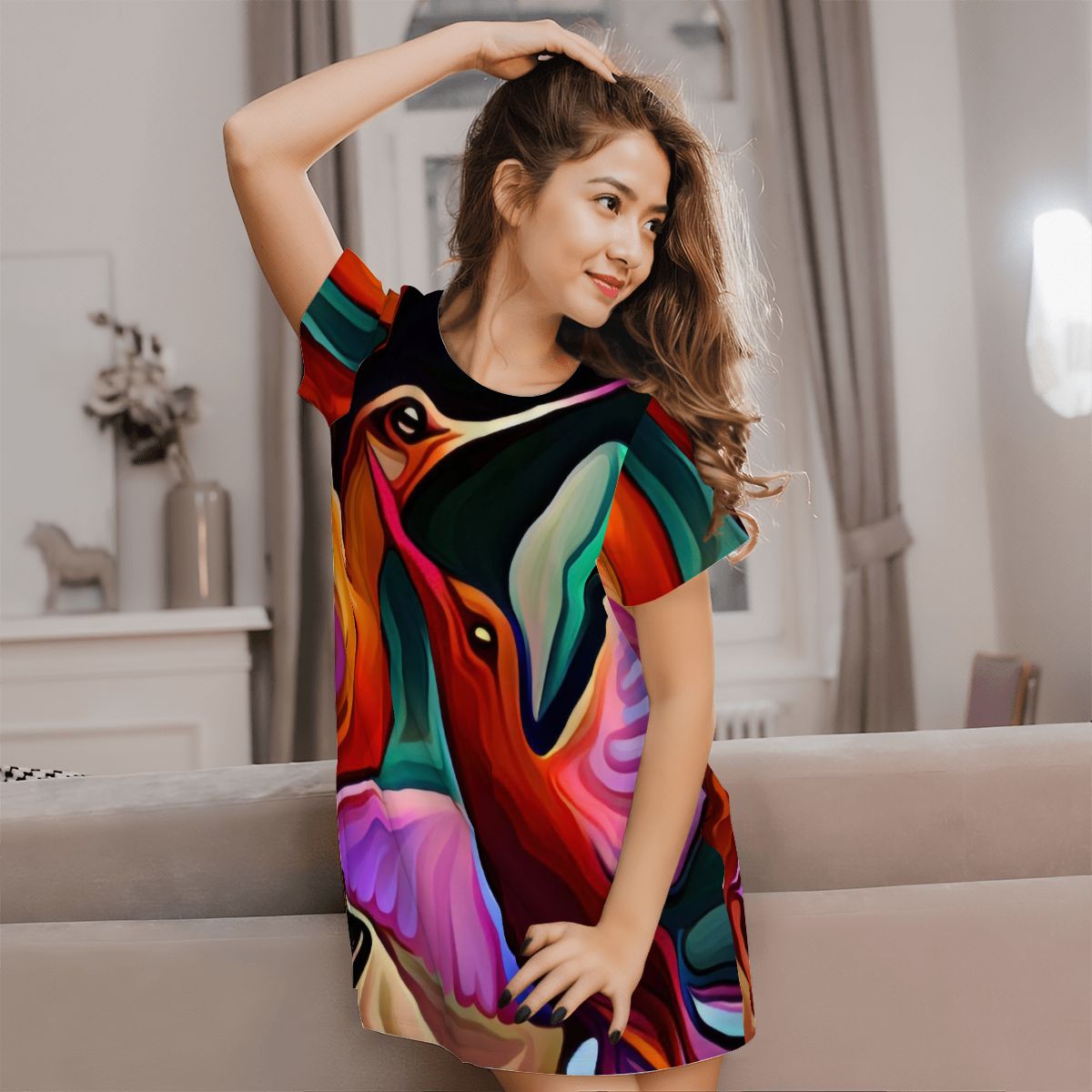 Okee Hummingbirds Loose Short - Sleeve Nightgown - Gregg Acini Adoree Designs - Women's Pajamas