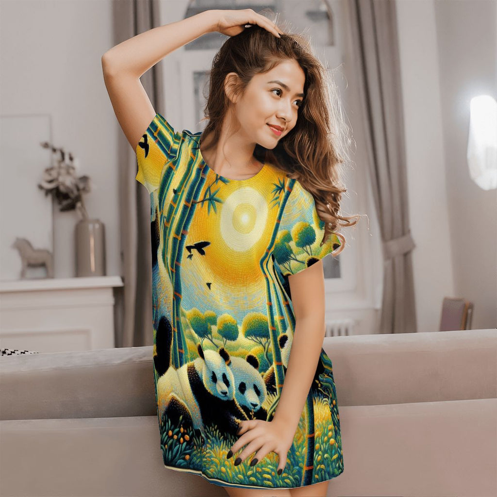 Panda Family Loose Short - Sleeve Nightgown - Gregg Acini Adoree Designs - Women's Pajamas