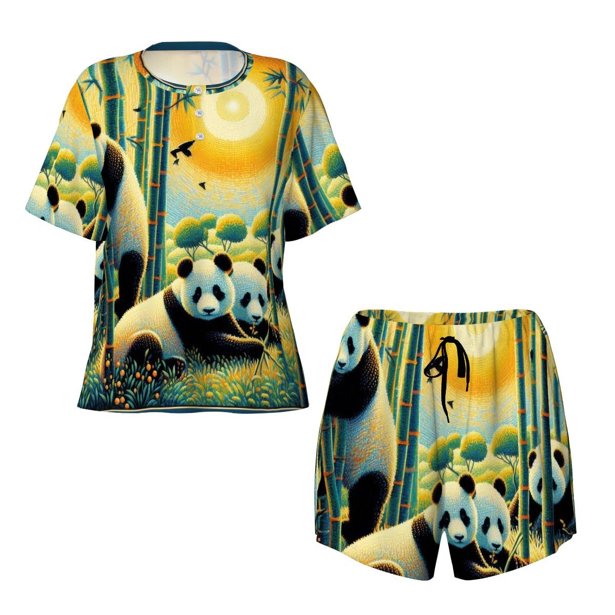 Panda Family Pajama Set for Women Crew Neck Short Sleeve - Gregg Acini Adoree Designs - Women's Pajamas