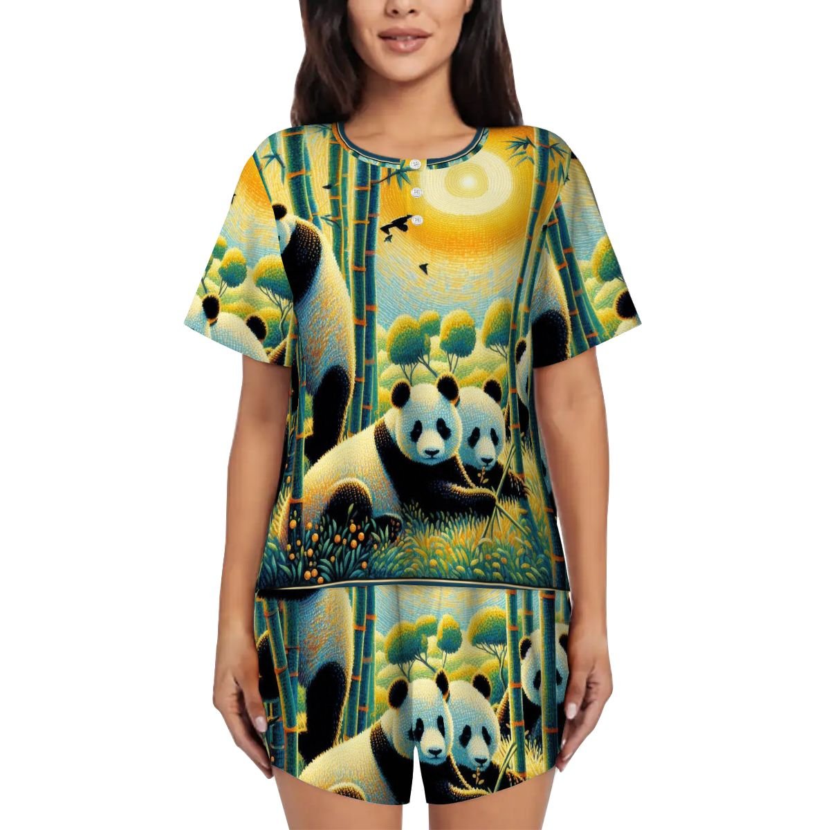 Panda Family Pajama Set for Women Crew Neck Short Sleeve - Gregg Acini Adoree Designs - Women's Pajamas