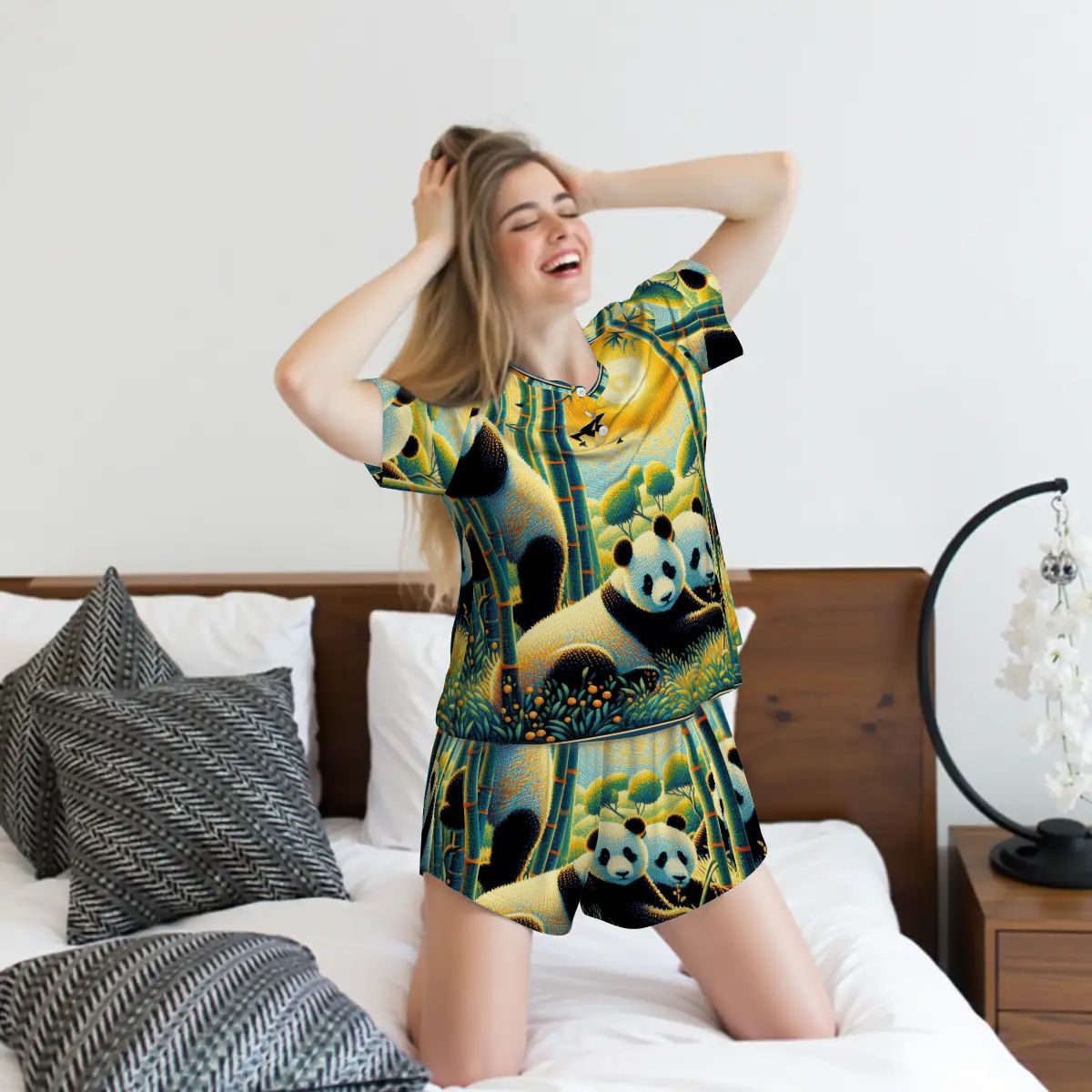 Panda Family Pajama Set for Women Crew Neck Short Sleeve - Gregg Acini Adoree Designs - Women's Pajamas