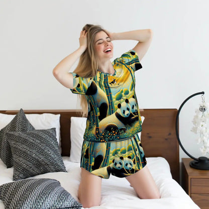 Panda Family Pajama Set for Women Crew Neck Short Sleeve - Gregg Acini Adoree Designs - Women's Pajamas