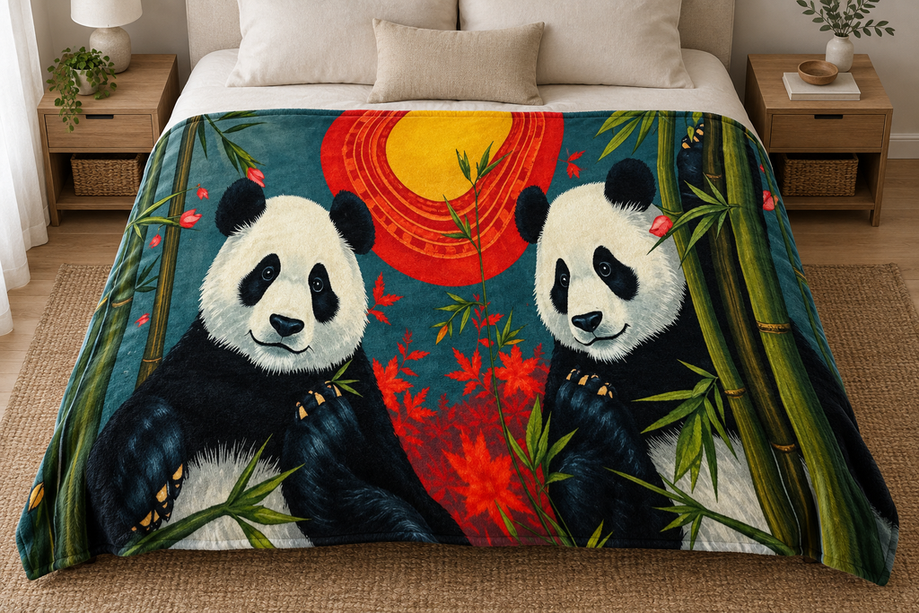 Panda Sunset blanket on a bed