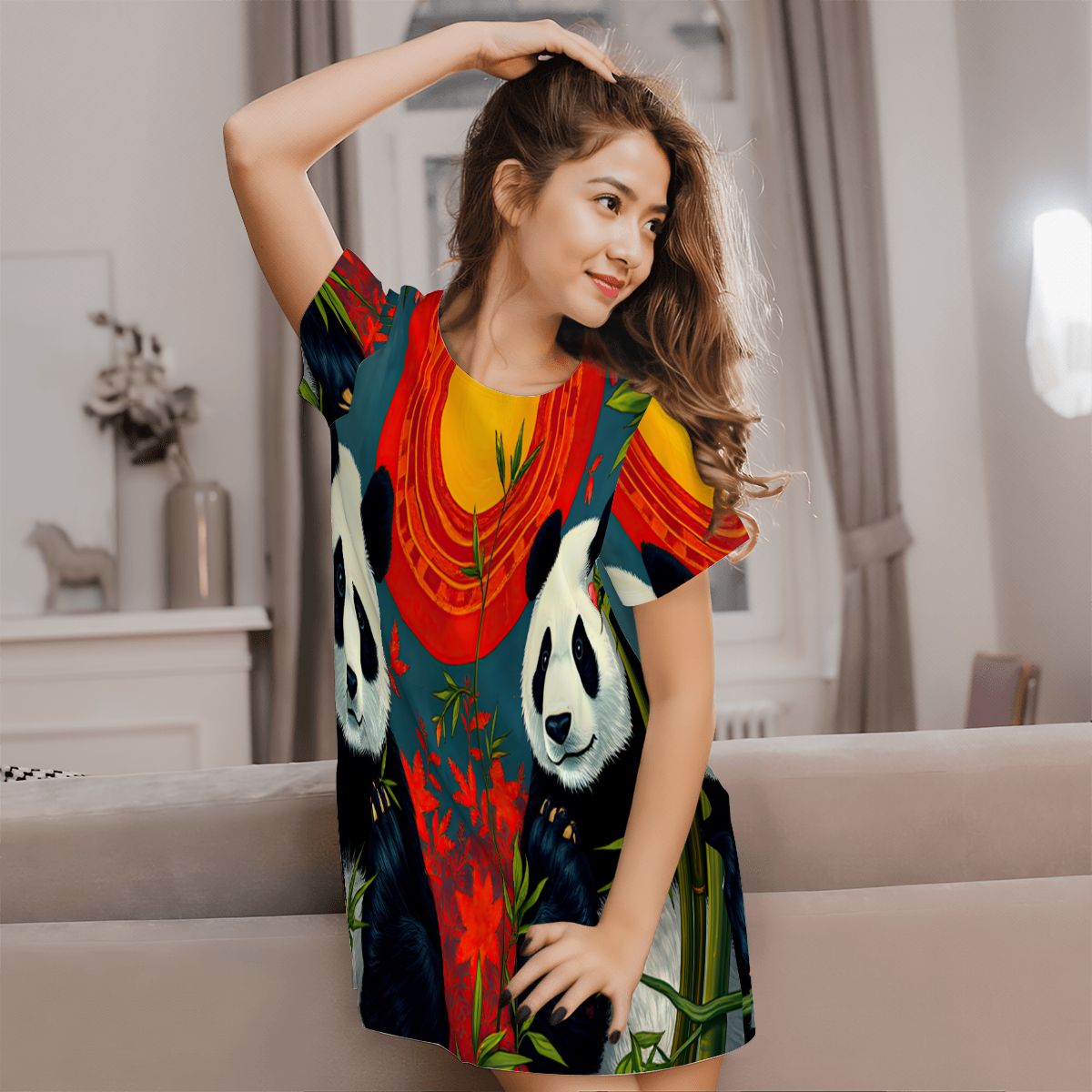 Panda Sunset Loose Short - Sleeve Nightgown - Gregg Acini Adoree Designs - Women's Pajamas