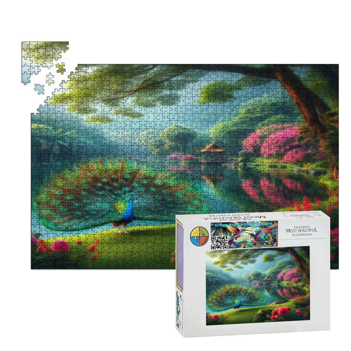 Peacock and Rhododendrons Wooden Jigsaw Puzzles 1000 pcs (Horizontal) - Gregg Acini Adoree Designs - Jigsaw Puzzle
