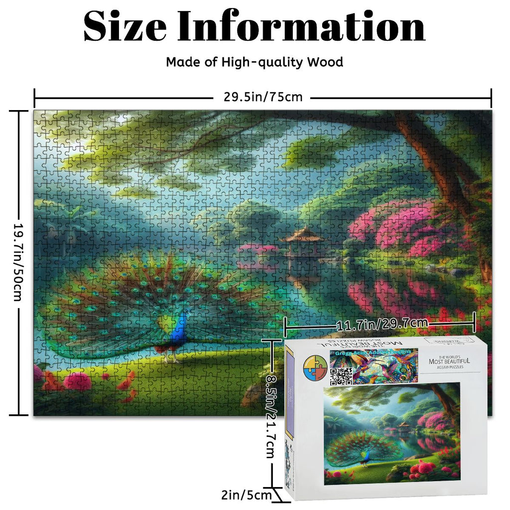 Peacock and Rhododendrons Wooden Jigsaw Puzzles 1000 pcs (Horizontal) - Gregg Acini Adoree Designs - Jigsaw Puzzle