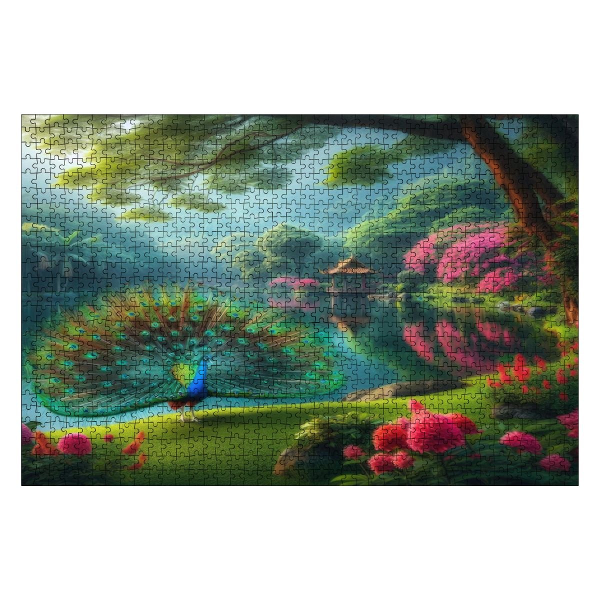 Peacock and Rhododendrons Wooden Jigsaw Puzzles 1000 pcs (Horizontal) - Gregg Acini Adoree Designs - Jigsaw Puzzle