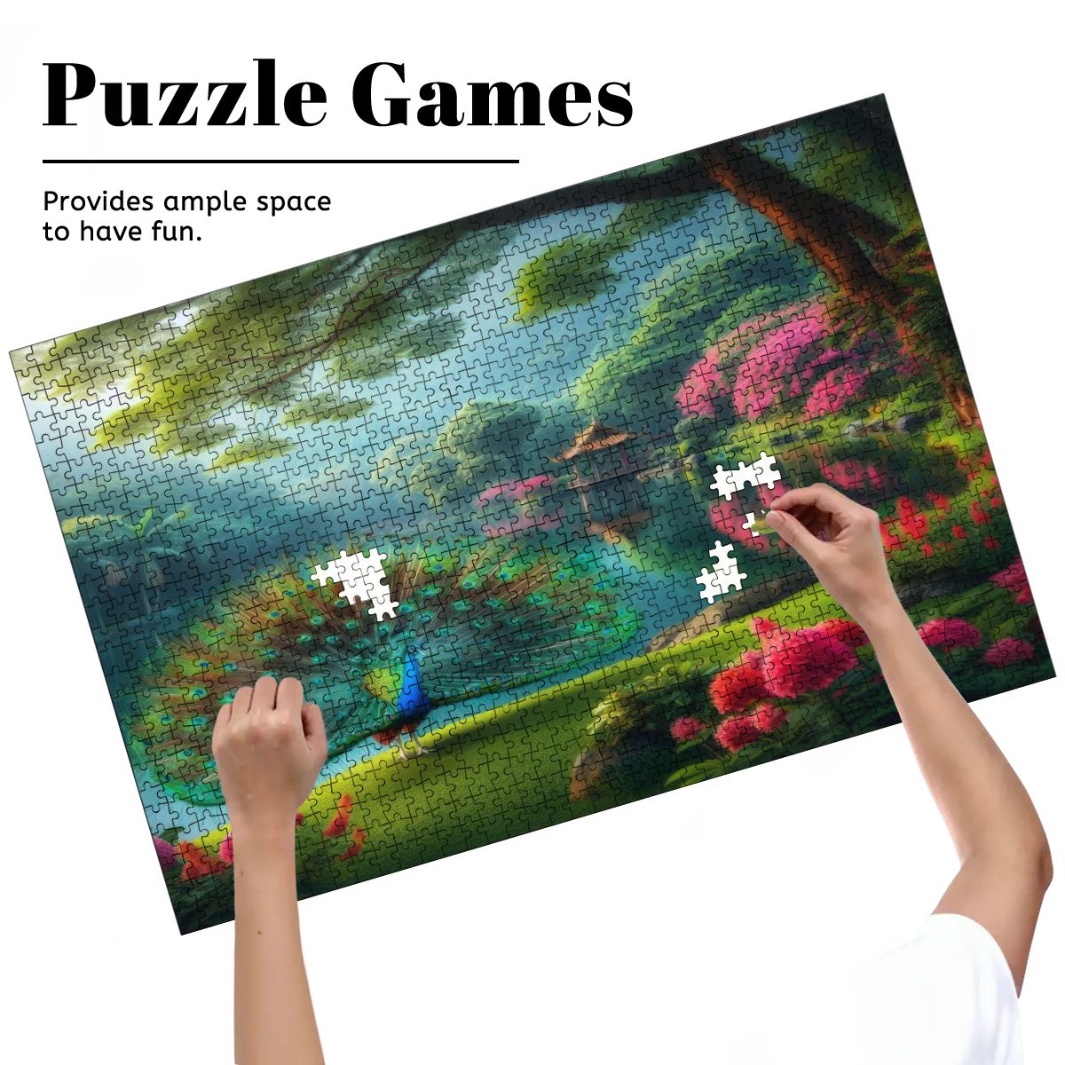Peacock and Rhododendrons Wooden Jigsaw Puzzles 1000 pcs (Horizontal) - Gregg Acini Adoree Designs - Jigsaw Puzzle
