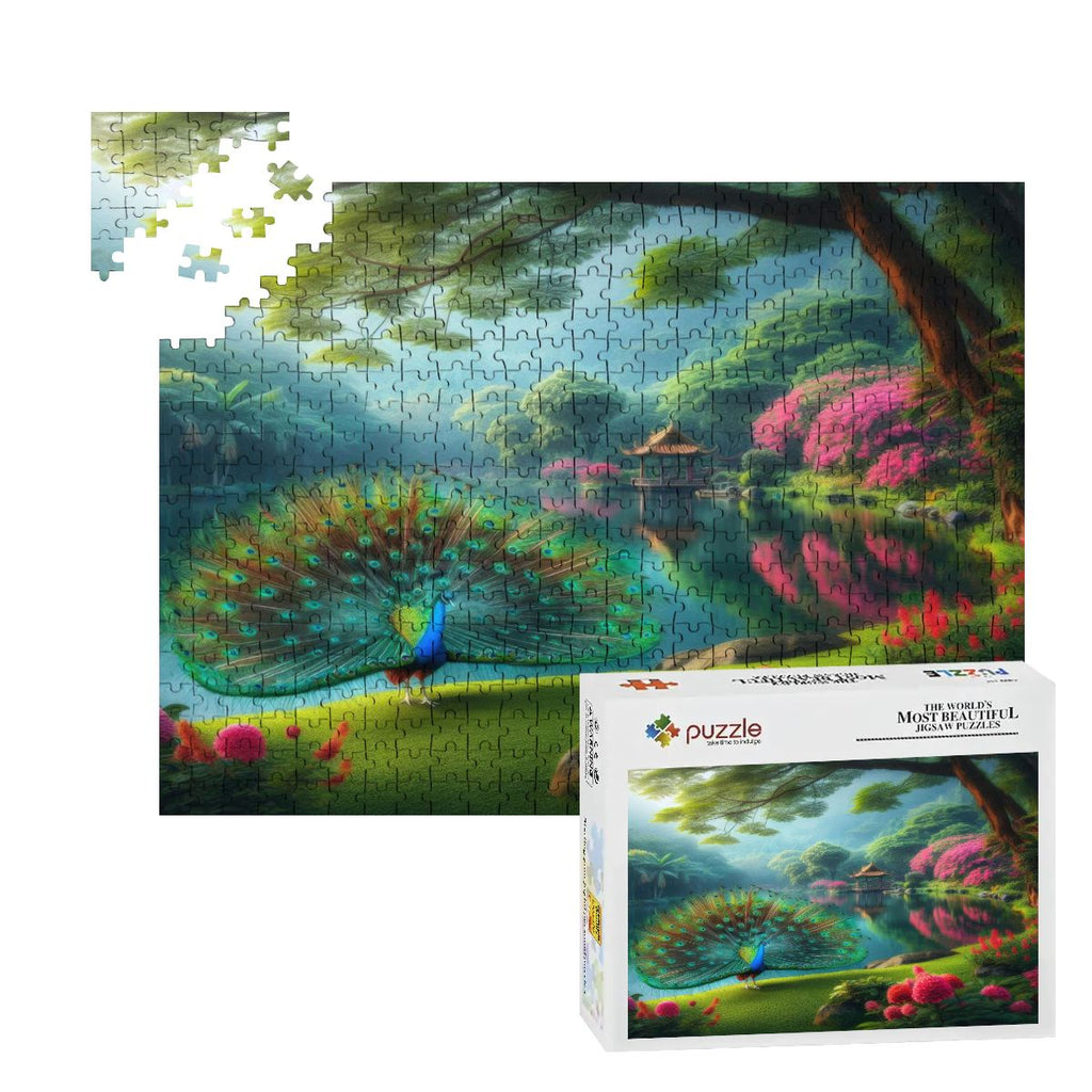 Peacock and Rhododendrons - Wooden Jigsaw Puzzles 500 pcs (Horizontal) - Gregg Acini Adoree Designs - Jigsaw Puzzle