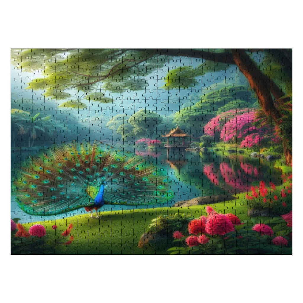 Peacock and Rhododendrons - Wooden Jigsaw Puzzles 500 pcs (Horizontal) - Gregg Acini Adoree Designs - Jigsaw Puzzle