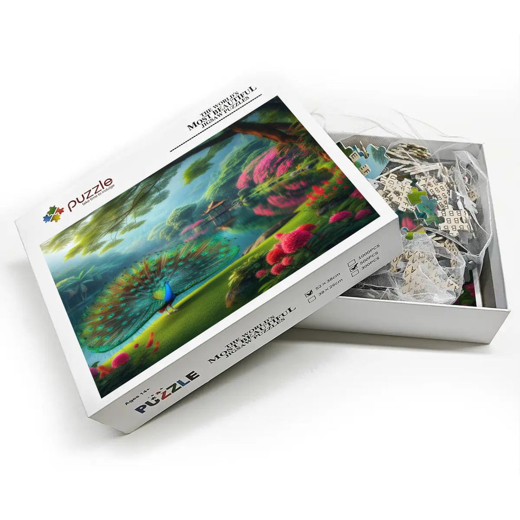 Peacock and Rhododendrons - Wooden Jigsaw Puzzles 500 pcs (Horizontal) - Gregg Acini Adoree Designs - Jigsaw Puzzle