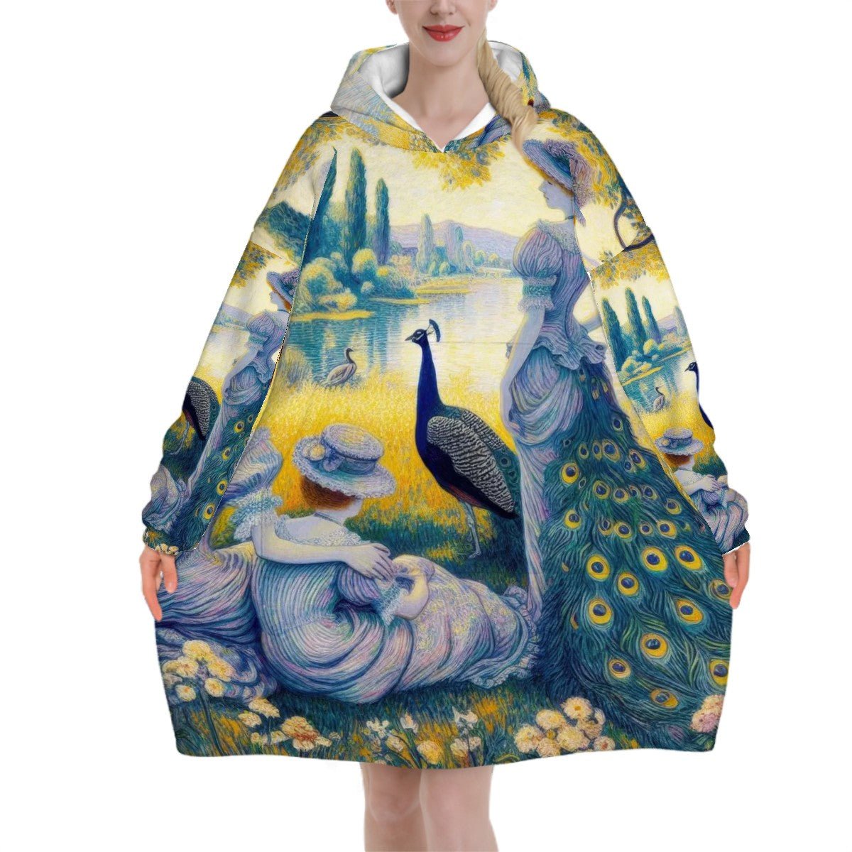Peacock Lady With Friends Adult Blanket Hoodie - Gregg Acini Adoree Designs - Hooded Blanket
