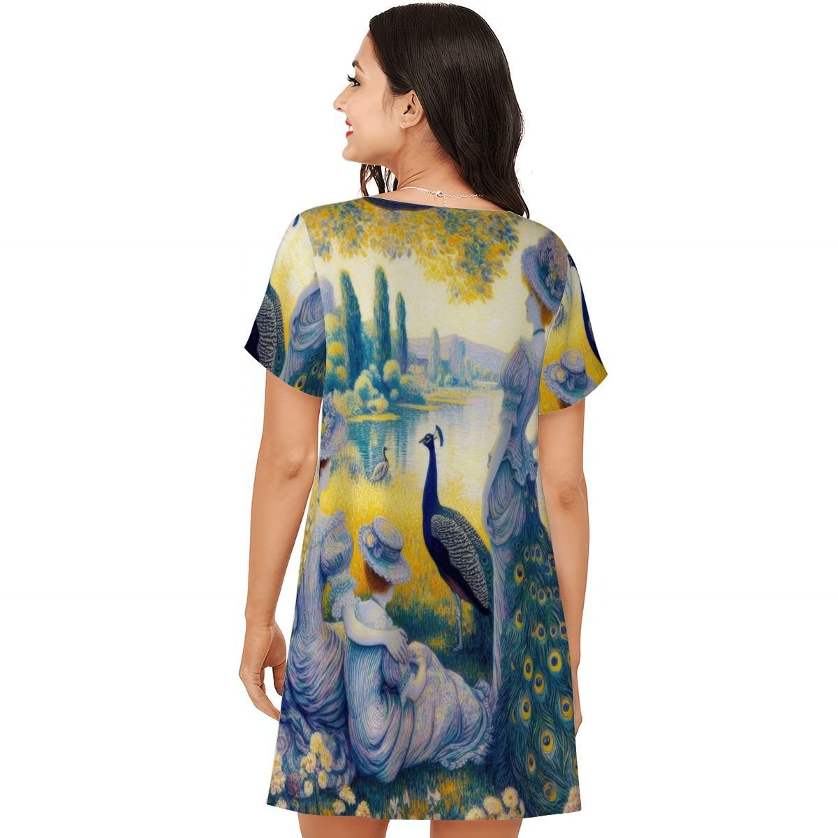 Peacock Lady with Friends Loose Short - Sleeve Nightgown - Gregg Acini Adoree Designs - Women's Pajamas