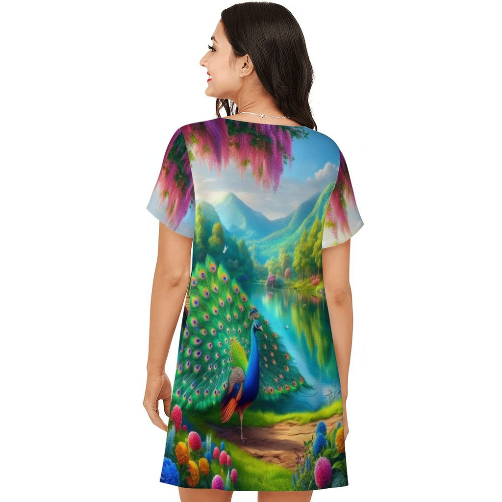 Peacock Under Wisteria Loose Short - Sleeve Nightgown - Gregg Acini Adoree Designs - Women's Pajamas