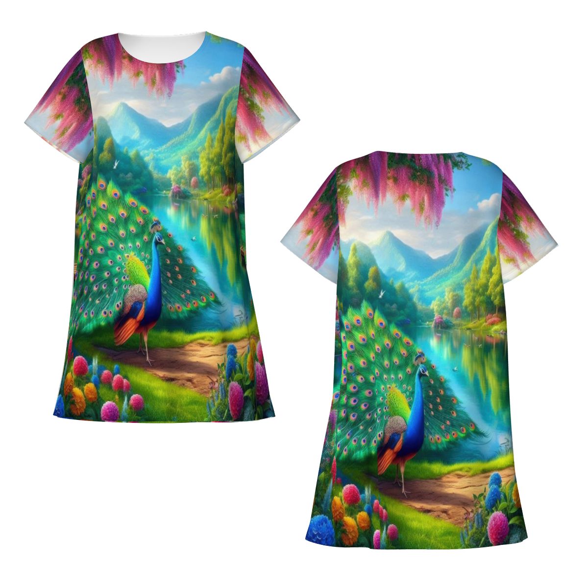 Peacock Under Wisteria Loose Short - Sleeve Nightgown - Gregg Acini Adoree Designs - Women's Pajamas