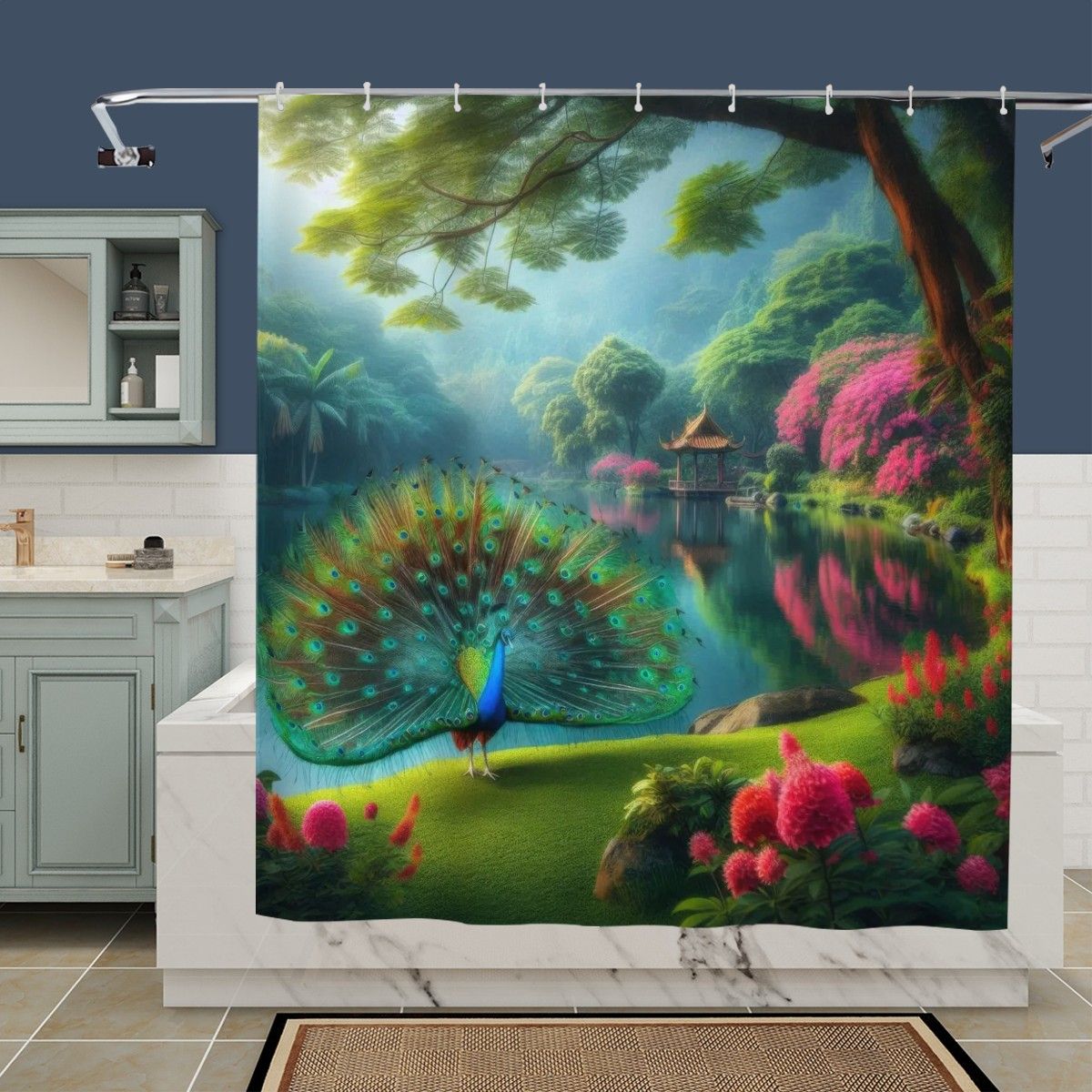 Peacock with Rhododendron Shower Curtain - Gregg Acini Adoree Designs - shower curtain