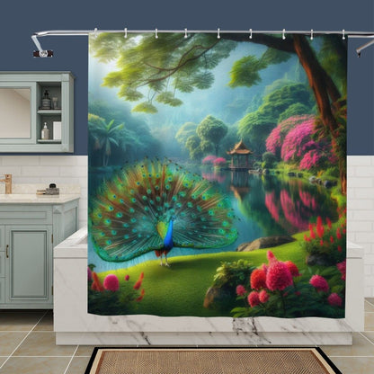 Peacock with Rhododendron Shower Curtain - Gregg Acini Adoree Designs - shower curtain