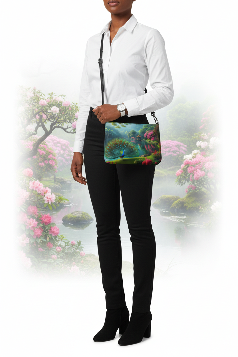 Peacock with Rhododendrons Crossbody Lifestyle