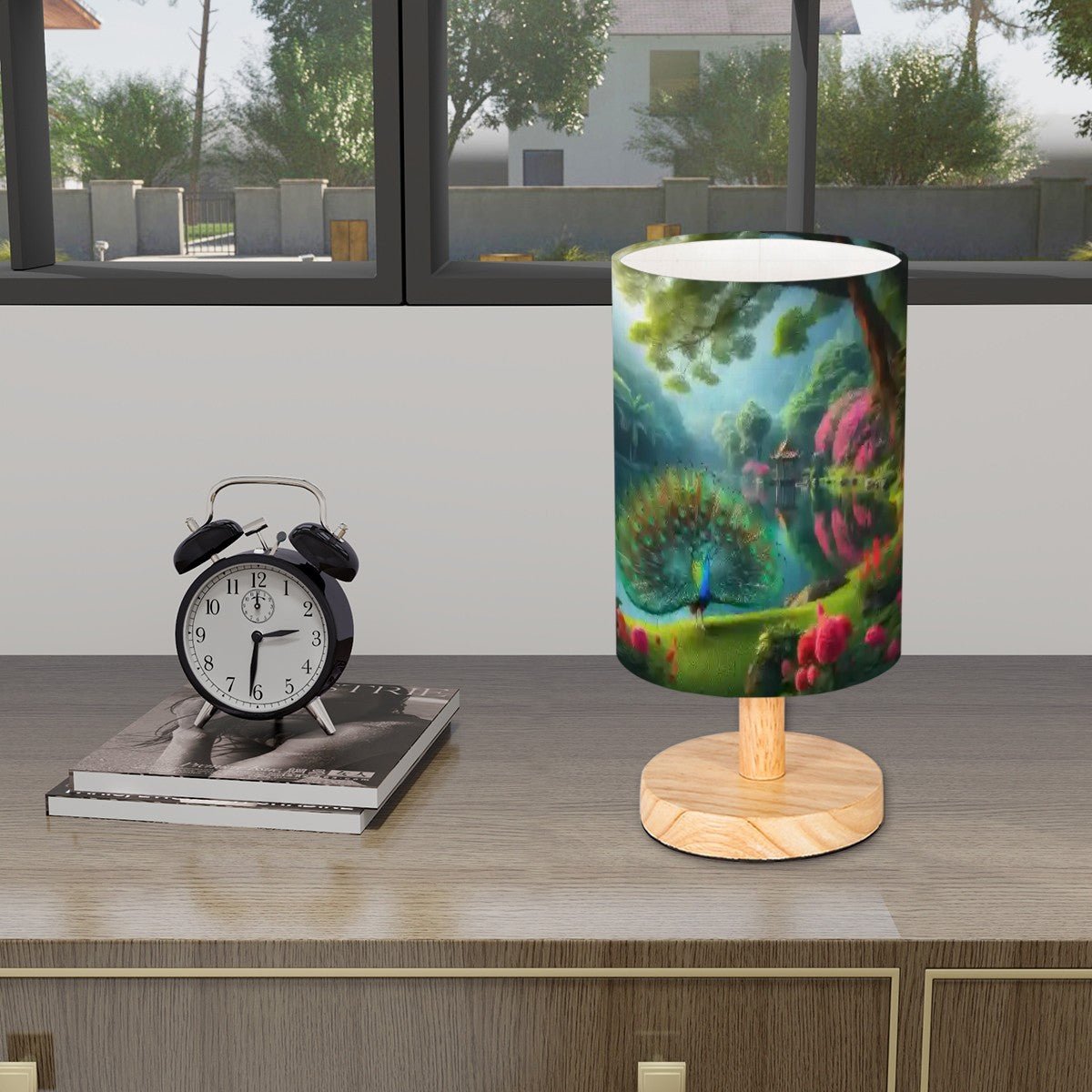Peacock with Rhododendrons Cylindrical Table Lamp - Gregg Acini Adoree Designs - Lamp