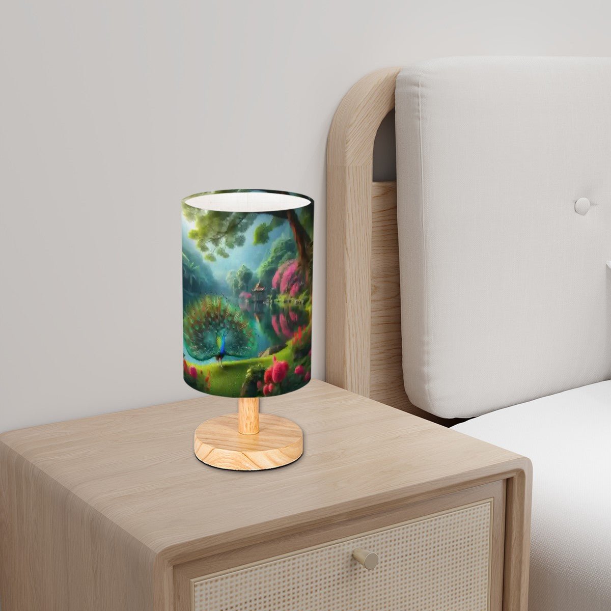 Peacock with Rhododendrons Cylindrical Table Lamp - Gregg Acini Adoree Designs - Lamp