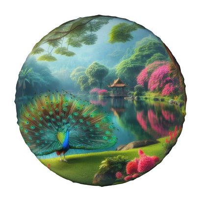 Peacock with Rhododendrons - Thickened Spare Tire Cover - Gregg Acini Adoree Designs - Spare Tire Cover