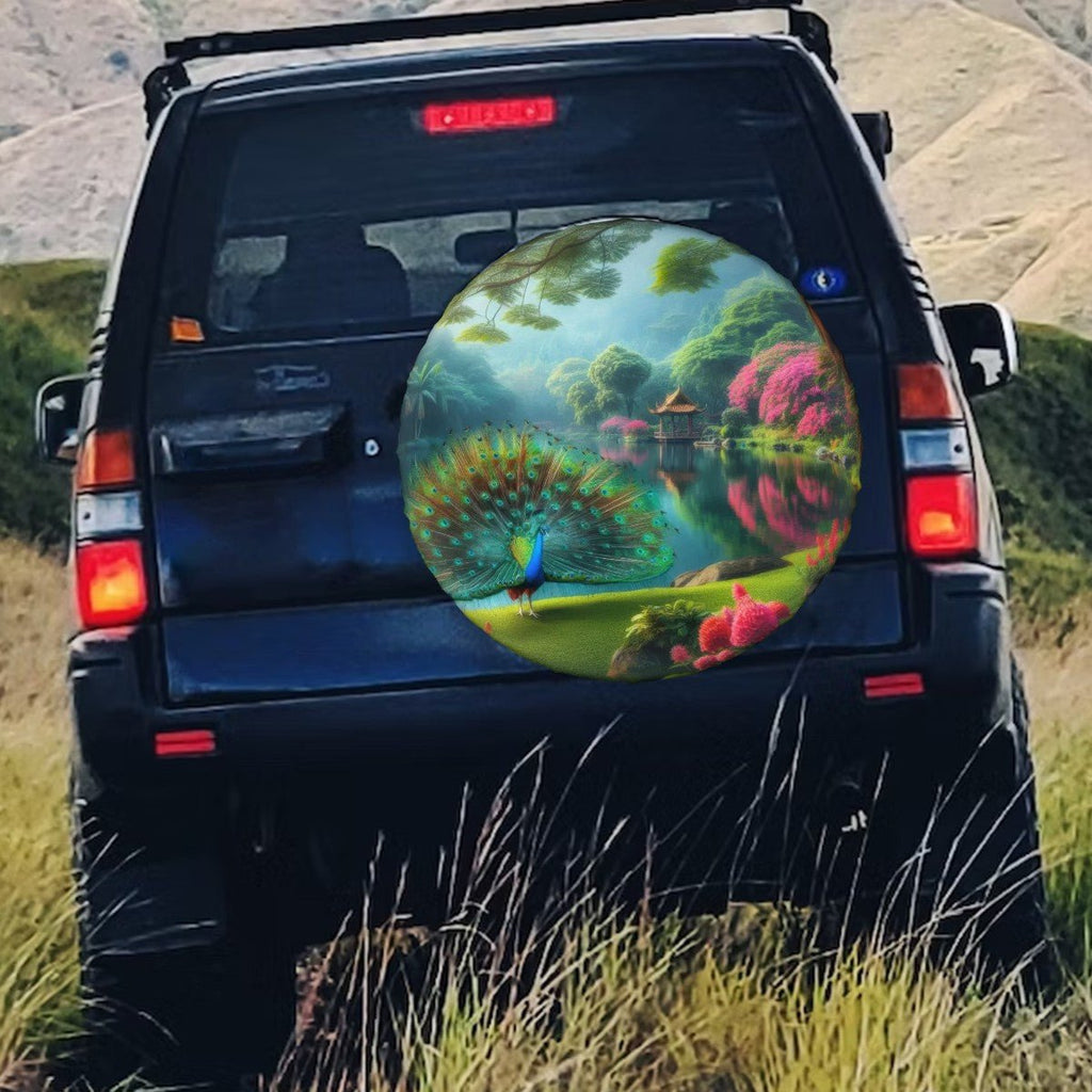 Peacock with Rhododendrons - Thickened Spare Tire Cover - Gregg Acini Adoree Designs - Spare Tire Cover