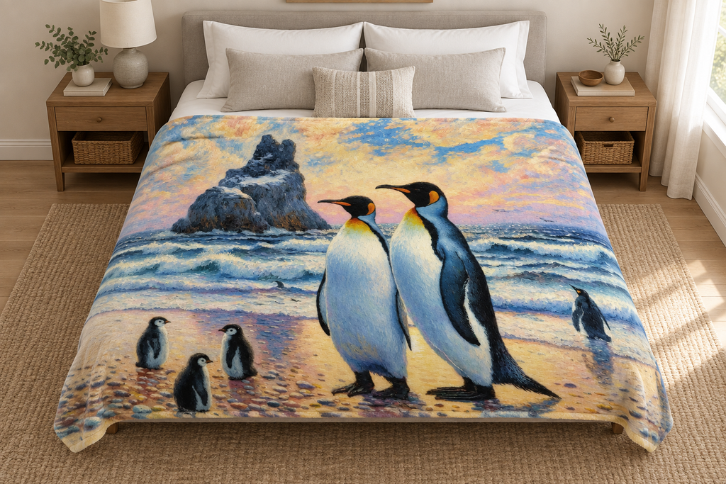 Penguin Family blanket draped across a large bed